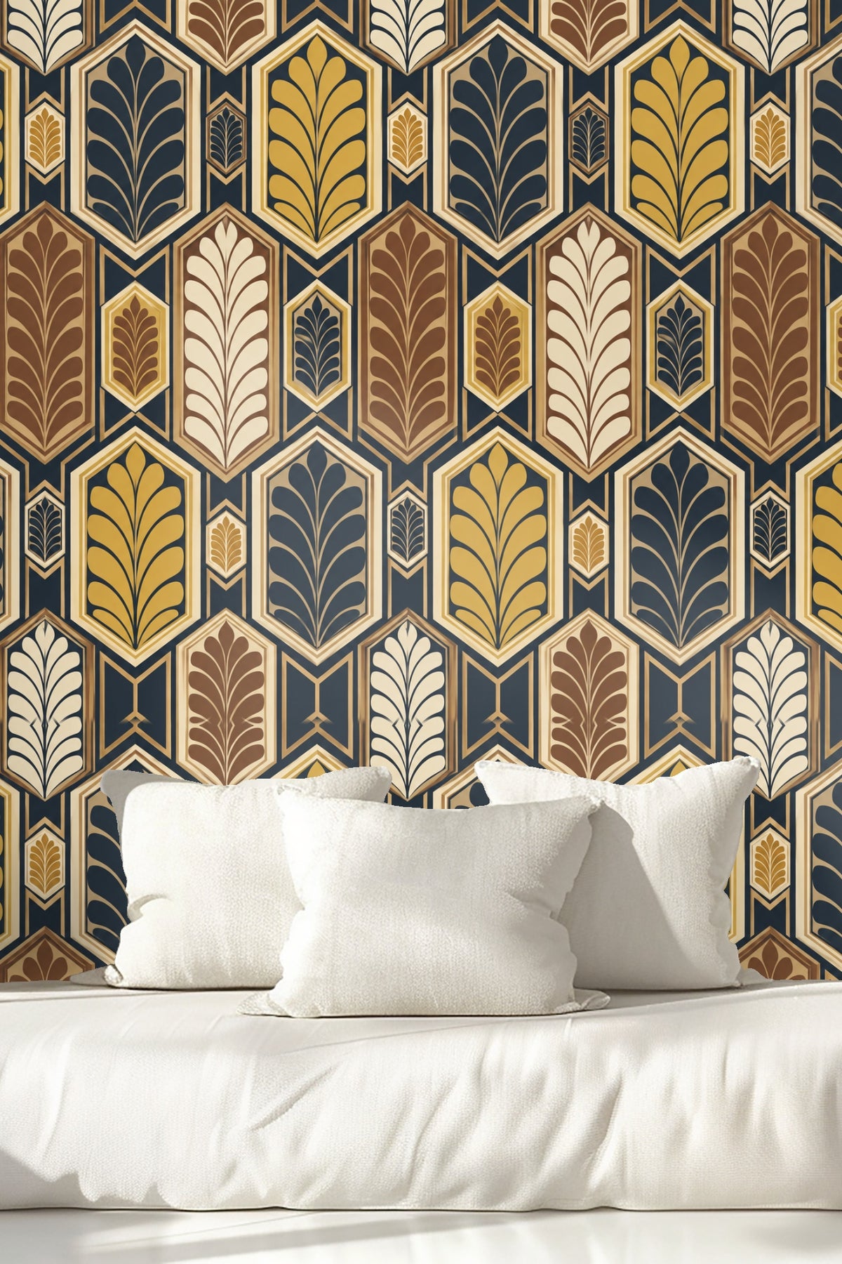 Bed with pillows in front of the wallpaper