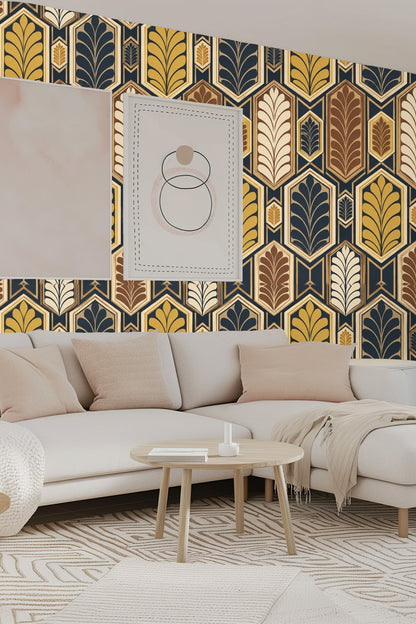 Living room with Honeycomb Feather Vault wallpaper and velvet cushions