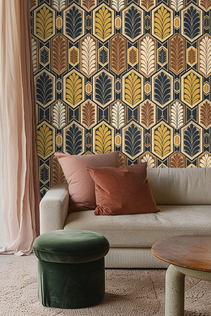 Wallpaper pattern behind a bed's cane headboard