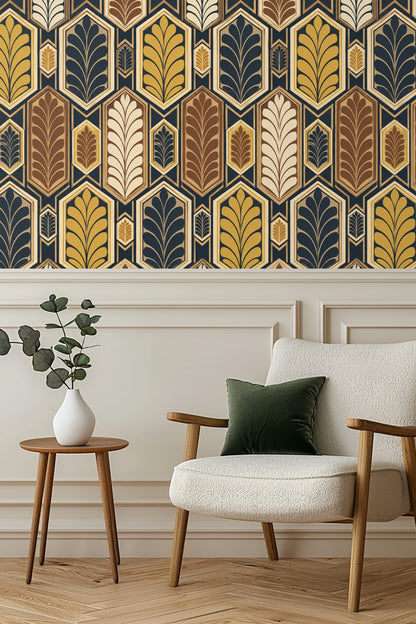 Sheer curtains beside wallpapered wall
