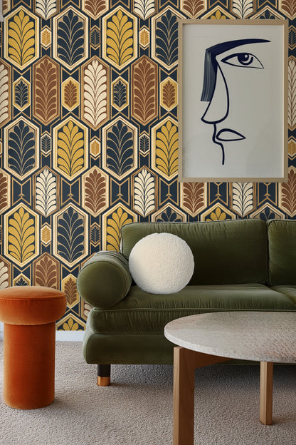 Rust-colored cushions complementing the wallpaper