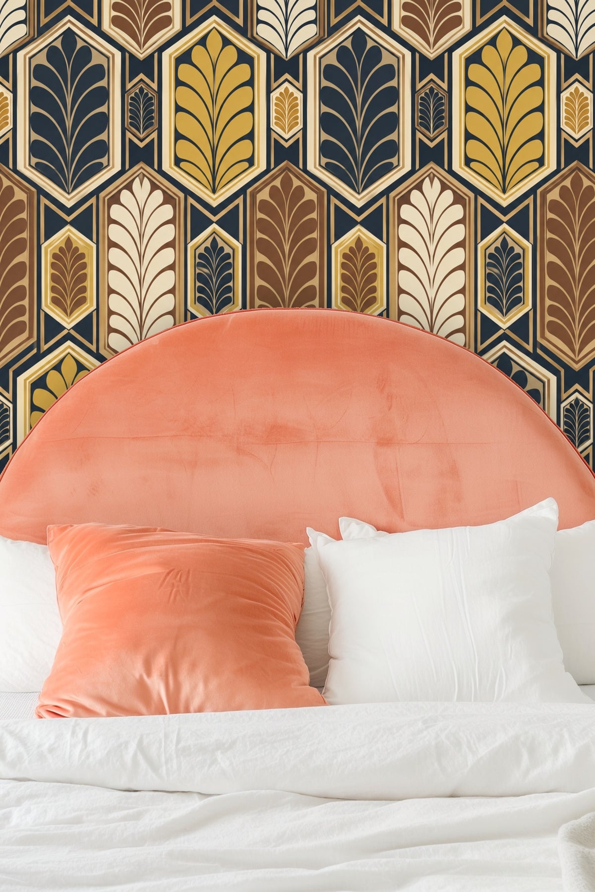 Green velvet stool against wallpaper