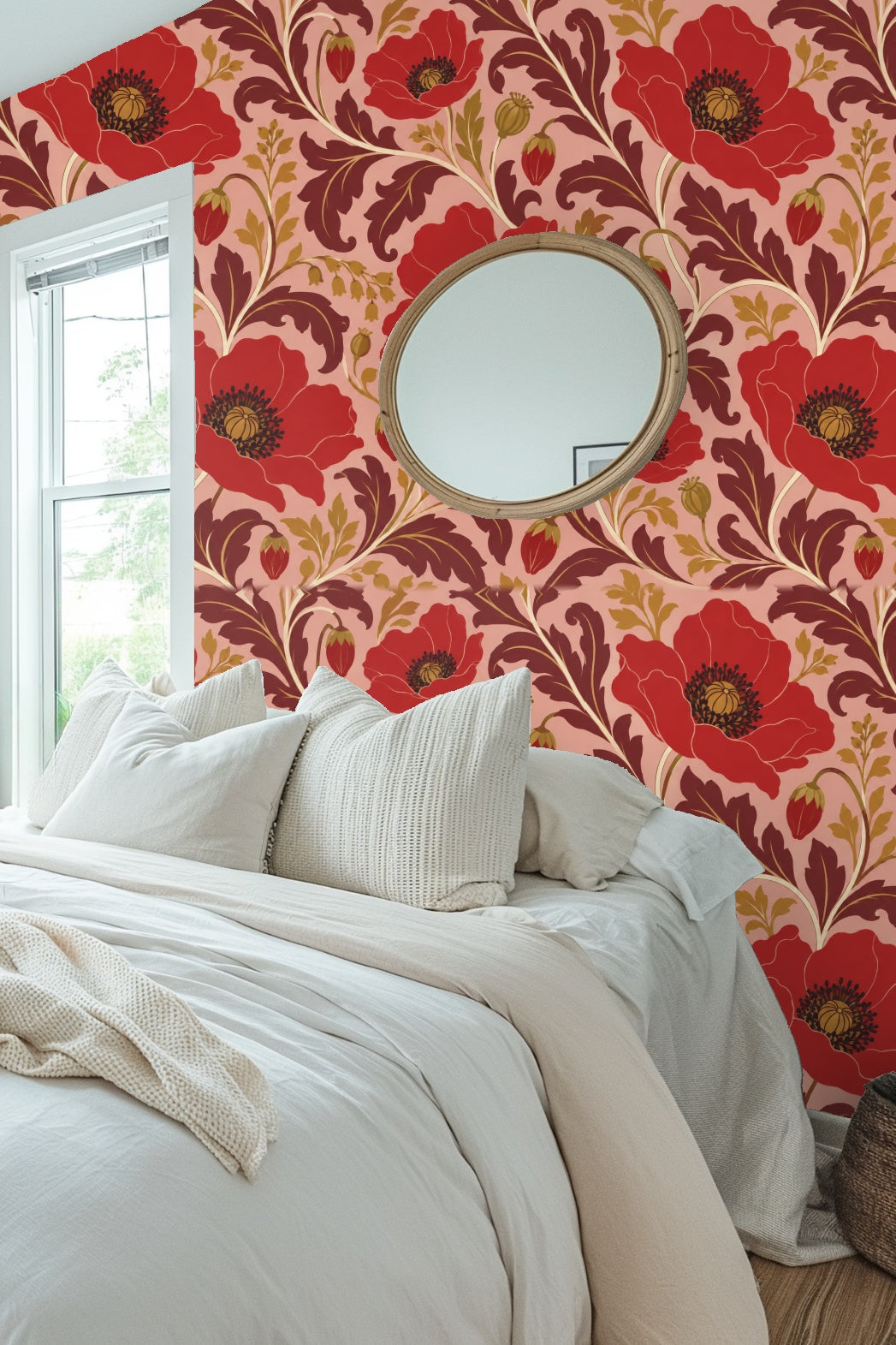 Living room wall painted with Carmine Poppy Labyrinth wallpaper and illuminated by natural light