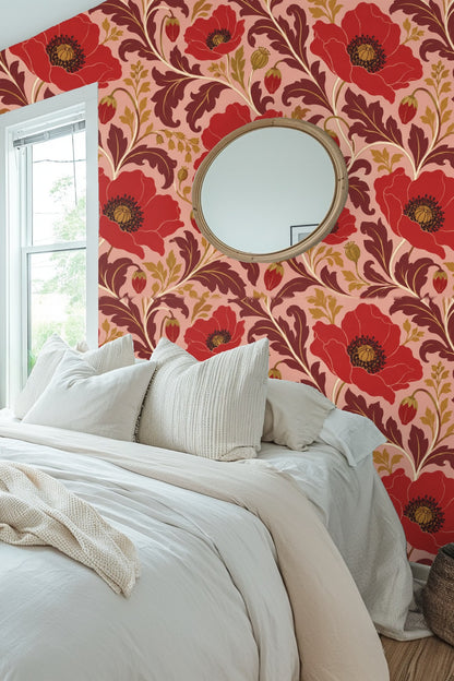 Living room wall painted with Carmine Poppy Labyrinth wallpaper and illuminated by natural light