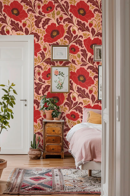 Partial view of Carmine Poppy Labyrinth wallpaper's dense floral pattern
