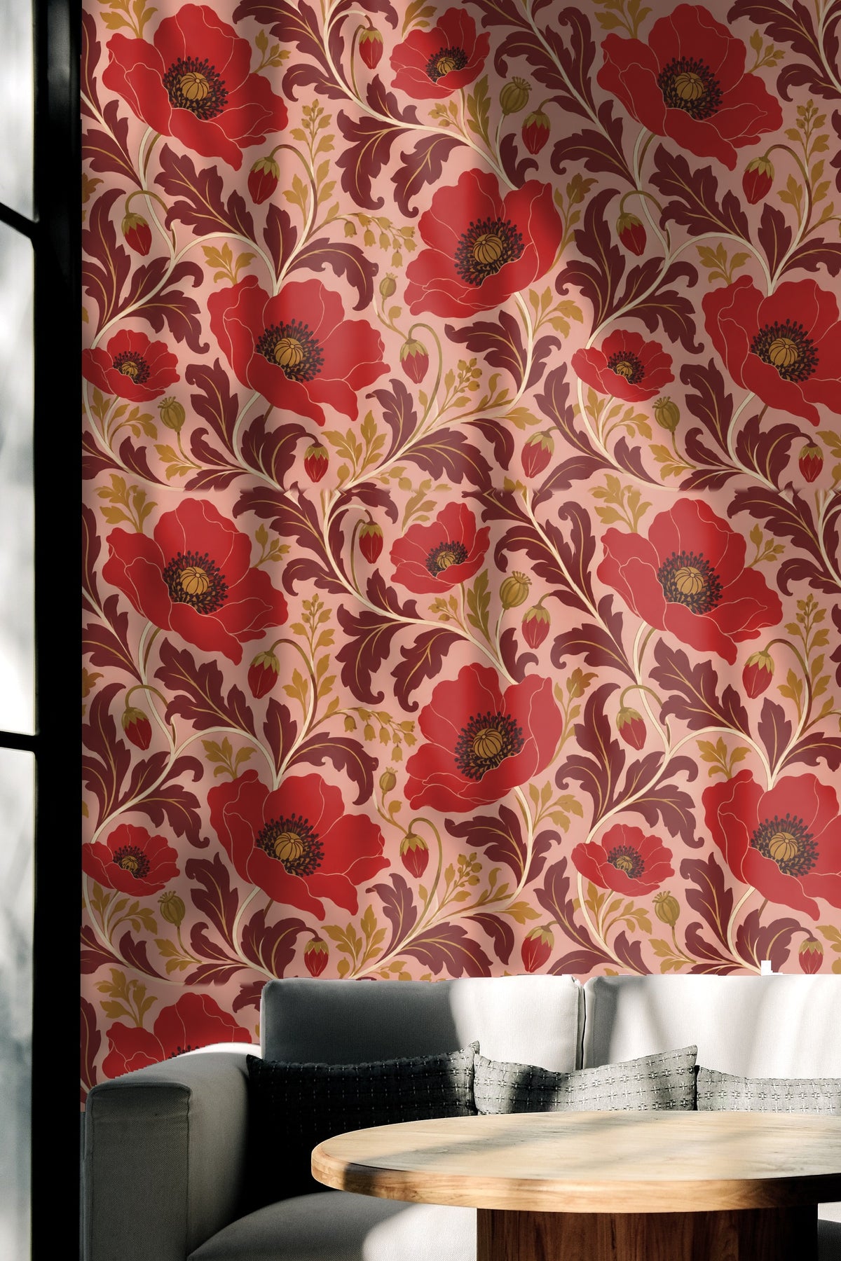 Soft pink background with deep red poppies in Carmine Poppy Labyrinth wallpaper