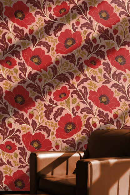 Detail of poppy stamen and petal lines on Carmine Poppy Labyrinth wallpaper