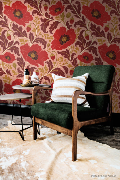 Intricate floral motifs of Carmine Poppy Labyrinth wallpaper in red and olive tones
