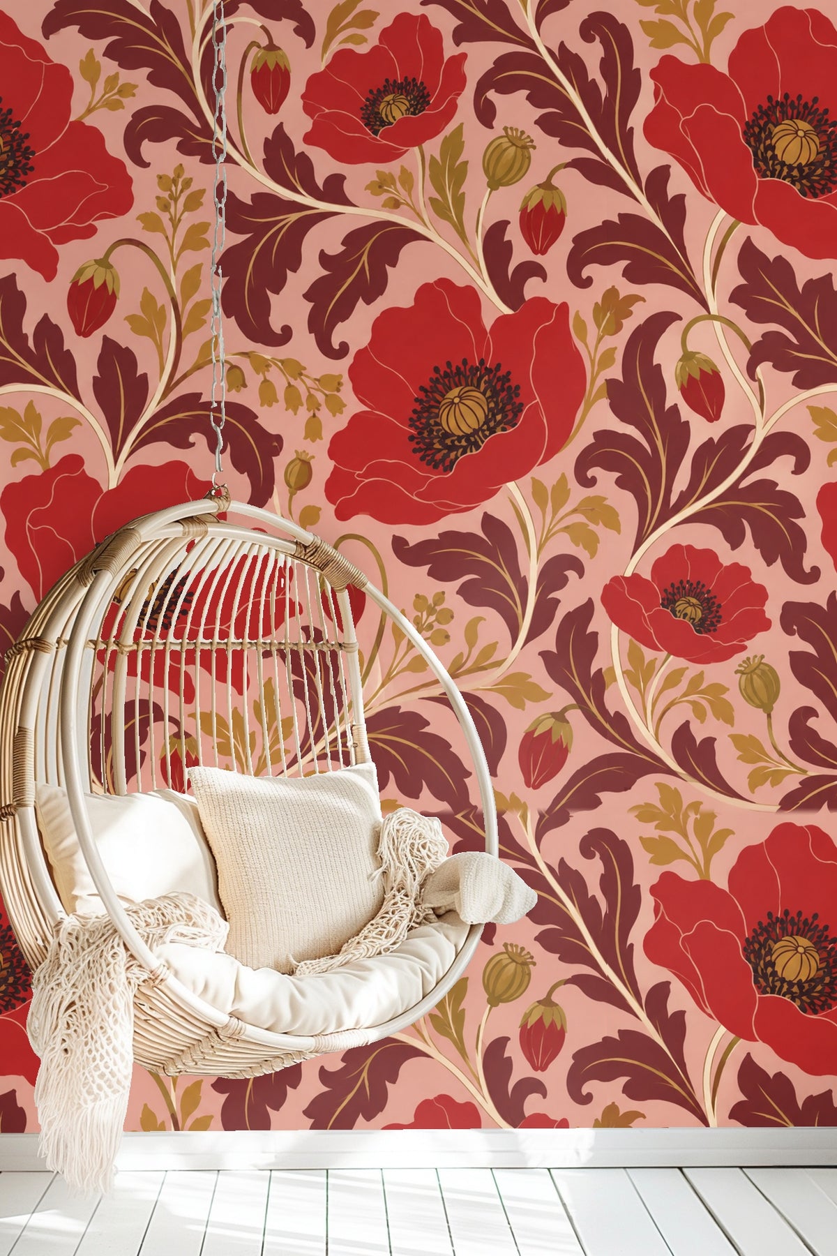 Close-up of Carmine Poppy Labyrinth wallpaper showing large red poppies and swirling burgundy and olive leaves on pink background