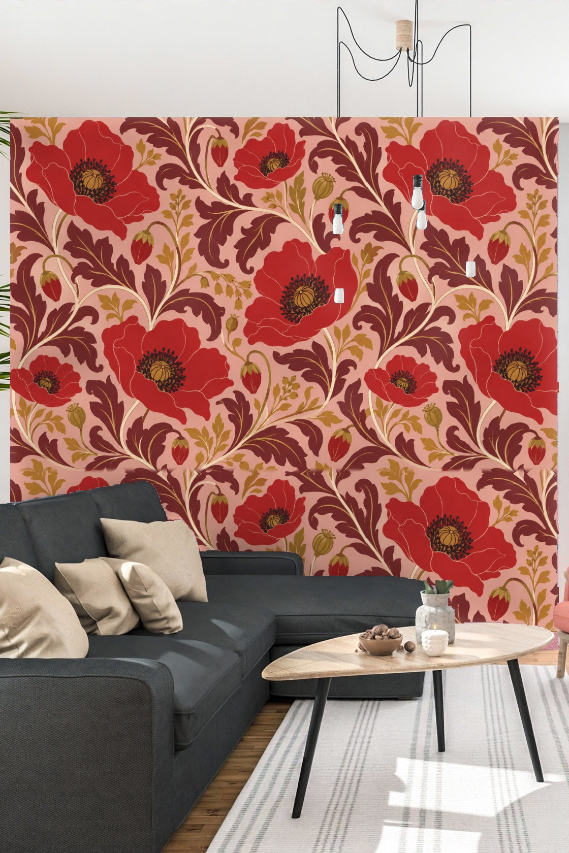 Bedroom corner with Carmine Poppy Labyrinth wallpaper behind a wicker headboard and beige nightstand with lamp