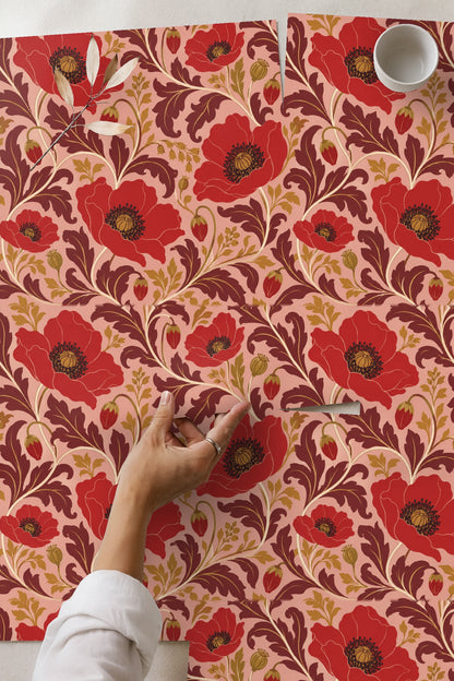 Artistic view of Carmine Poppy Labyrinth wallpaper pattern showing lush curves and poppy blossoms