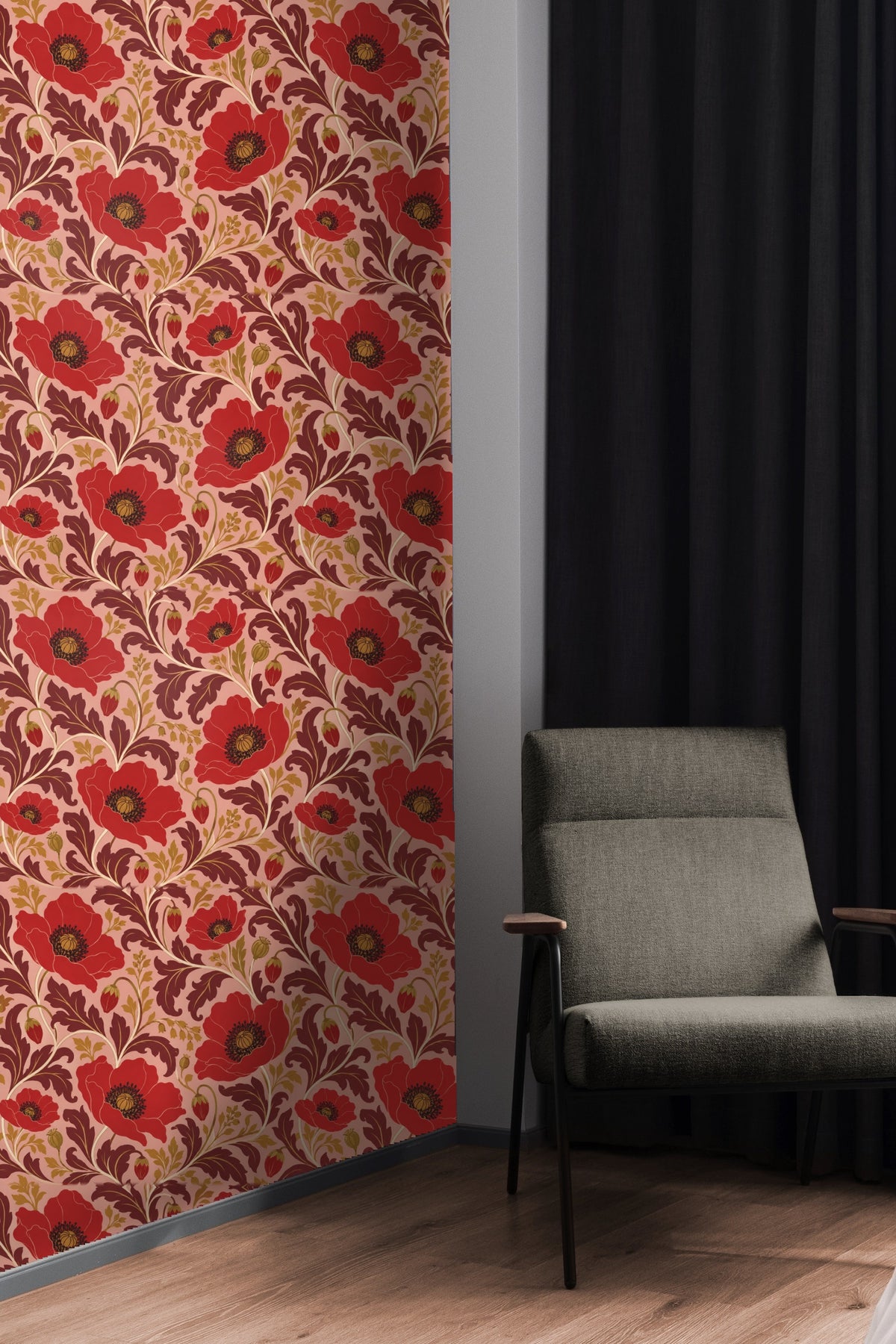Swirling leaf and flower curves in Carmine Poppy Labyrinth wallpaper