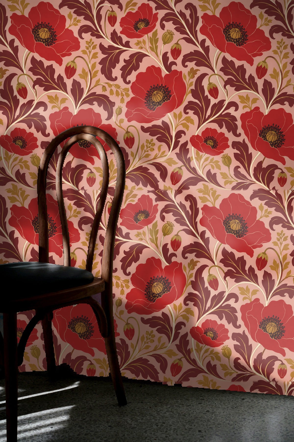 Vintage-inspired floral scroll pattern of Carmine Poppy Labyrinth wallpaper