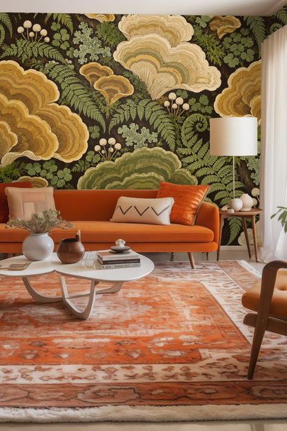 Close-up of wallpaper with fan-shaped shelf fungi in ochre and green tones