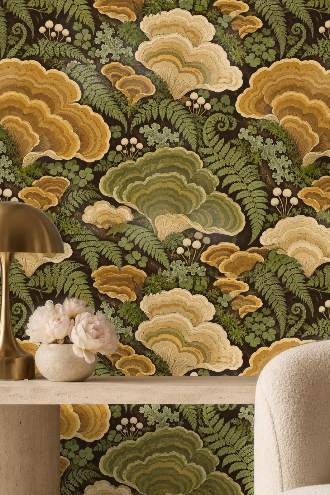Natural shelf fungi clusters arranged across wallpaper