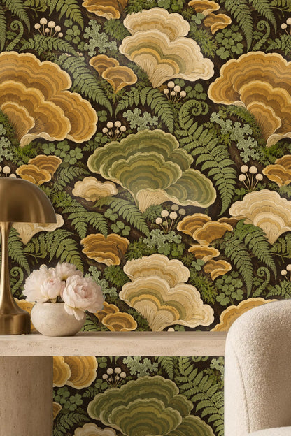 Natural shelf fungi clusters arranged across wallpaper