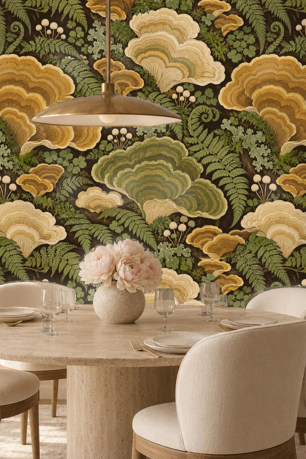 Stylish boho living room featuring bold natural motif wallpaper