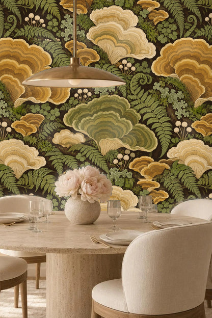 Stylish boho living room featuring bold natural motif wallpaper
