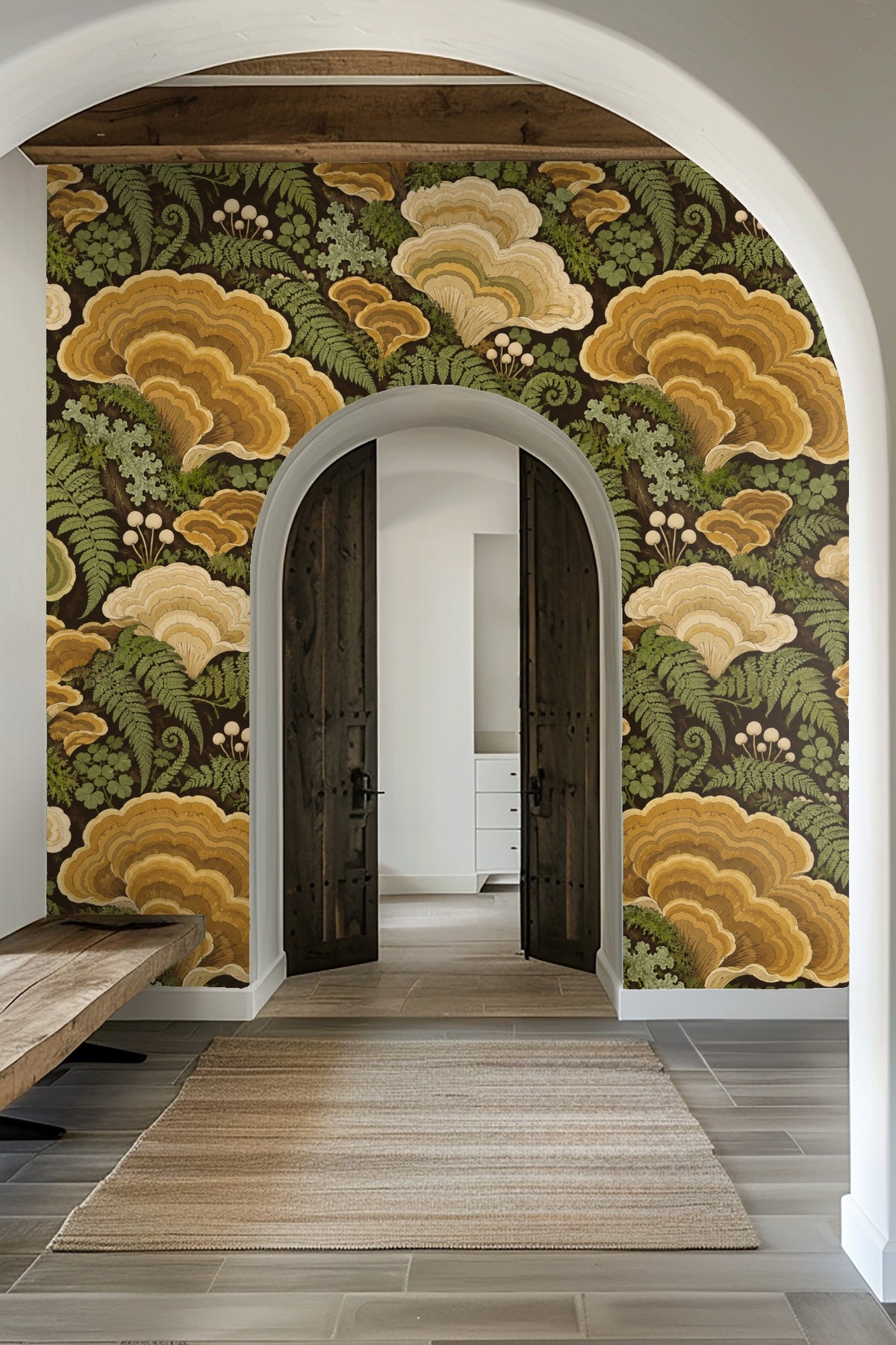 Laundry room with Saffron Fungi Fans wallpaper behind white washer and dryer
