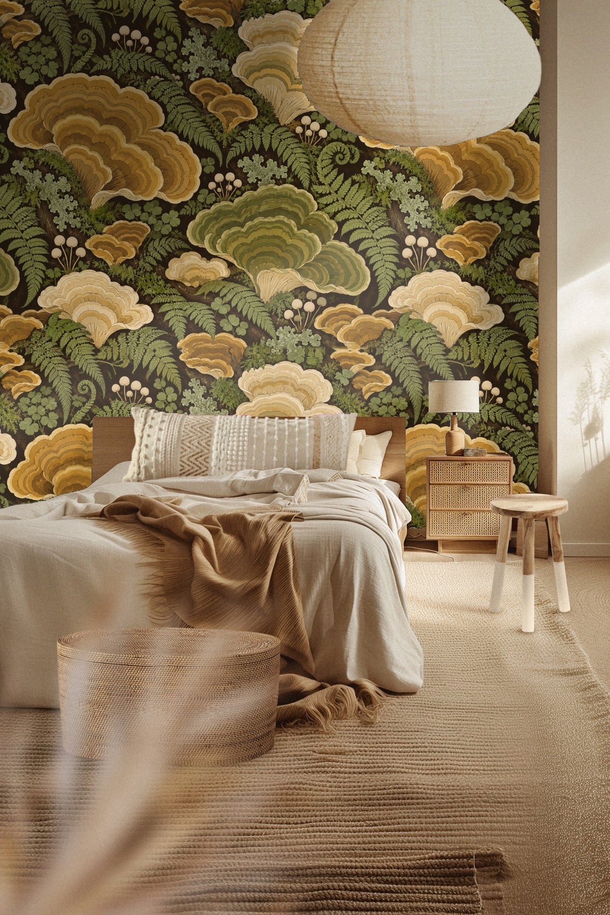 Dark background highlighting golden layered fungi and leafy greens