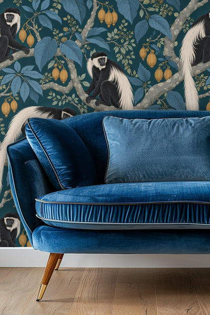 Wallpaper design with black and white colobus monkeys on blue leafy branches and golden pods