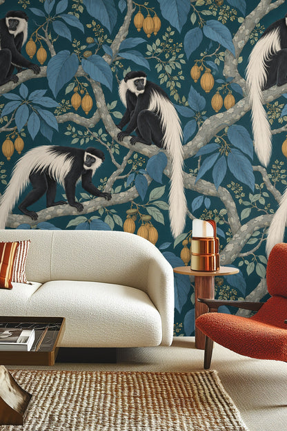 Golden pods clustered among blue leaves on a patterned wallpaper