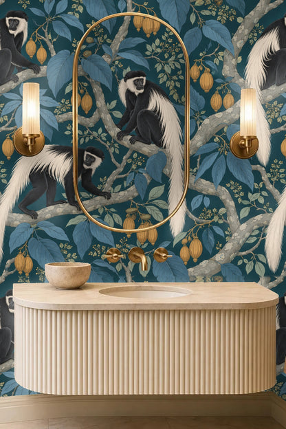 Mid-scale view of monkey and leaf pattern on dark teal background