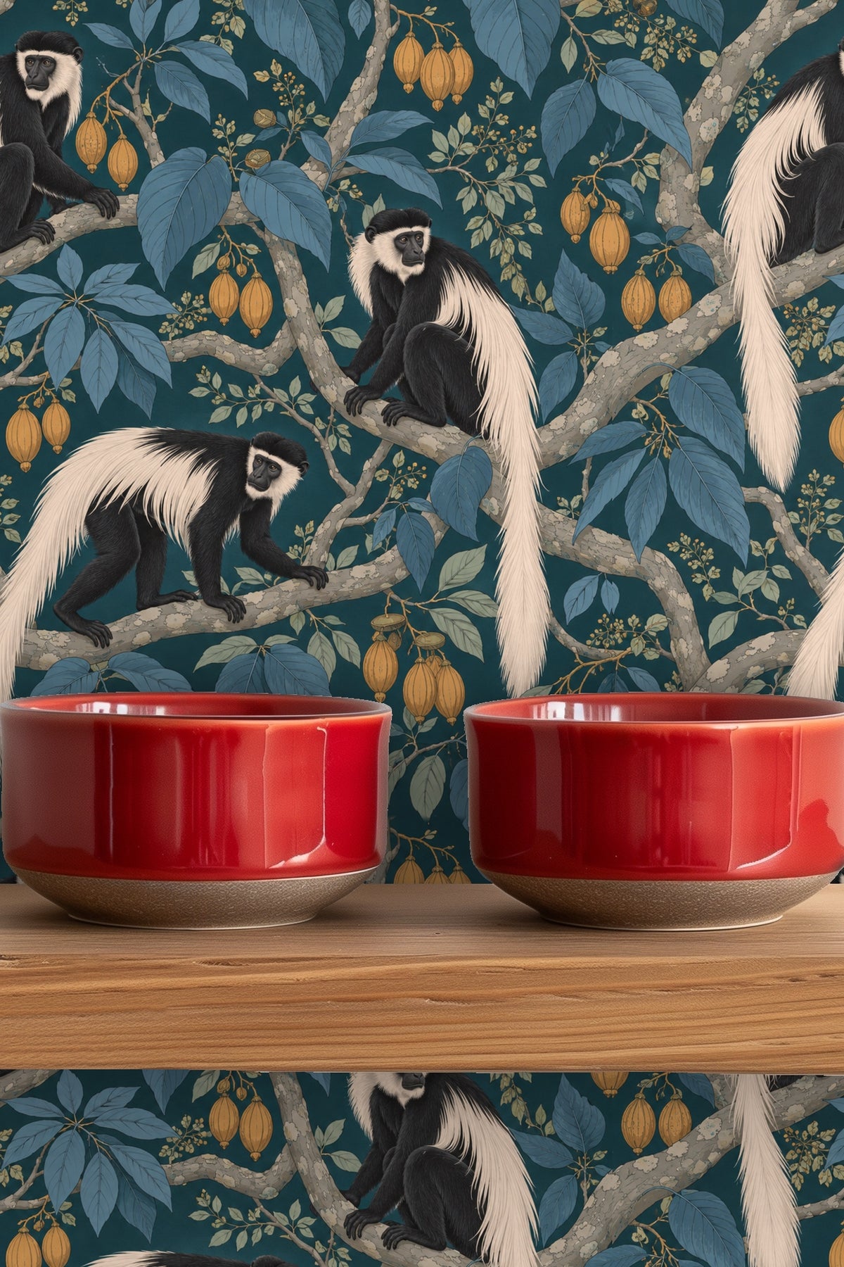 Artistic wallpaper pattern showing intertwined boughs and monkeys