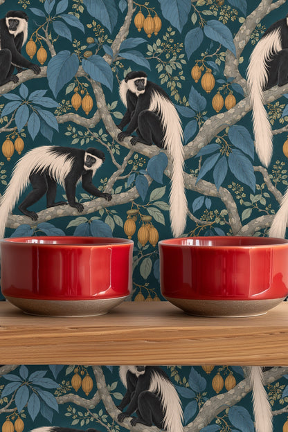Artistic wallpaper pattern showing intertwined boughs and monkeys