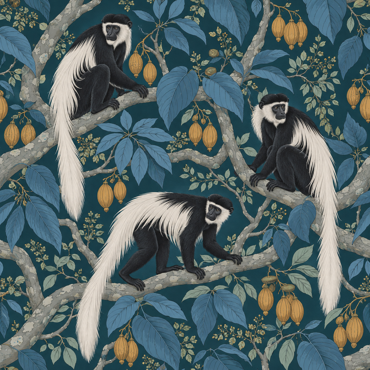 Classic wallpaper repeat with naturalistic flora and fauna