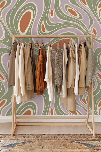 Organic wave-like pattern with layered pastel tones in green, cream, and violet