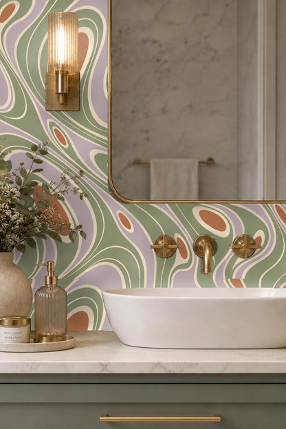 Segment of wallpaper highlighting color transitions between green, terracotta, and lavender