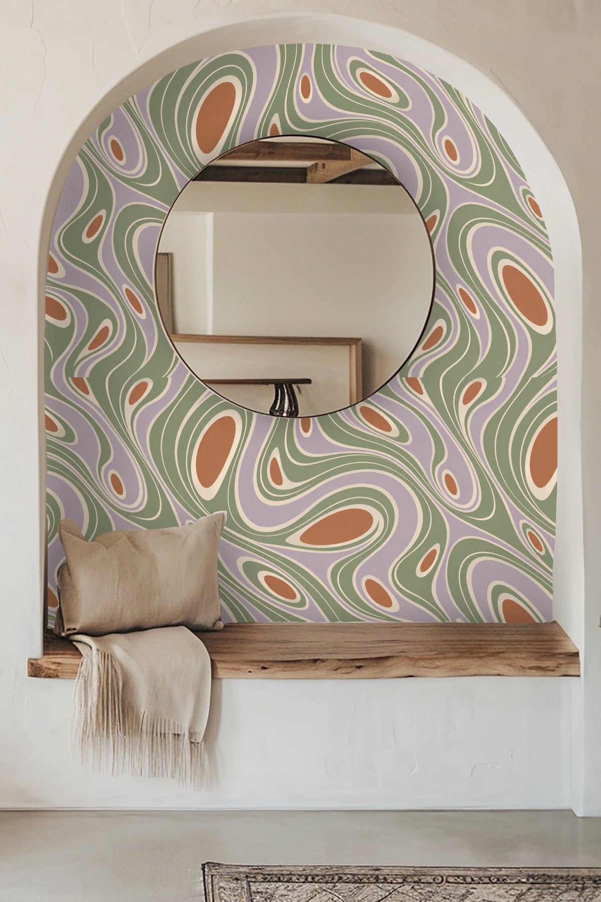 Muted terracotta shapes nested within green and lavender bands