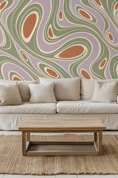 Living room corner featuring Salvia Flow Contours wallpaper and a wooden ladder with a blanket