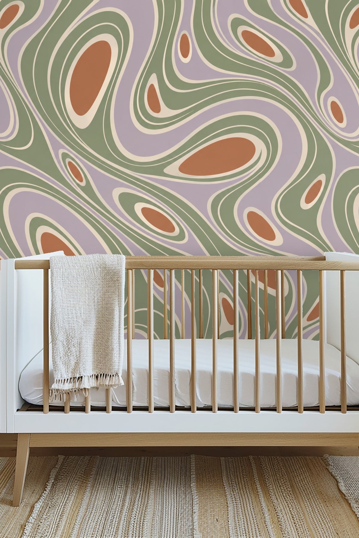 Abstract curvilinear shapes in muted green and lavender with terracotta highlights on wallpaper