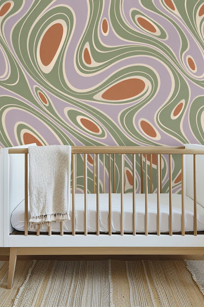 Abstract curvilinear shapes in muted green and lavender with terracotta highlights on wallpaper