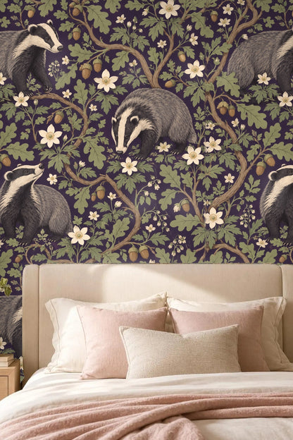 Living room corner with leather chair and marble side table against Twilight Badger Grove wallpaper