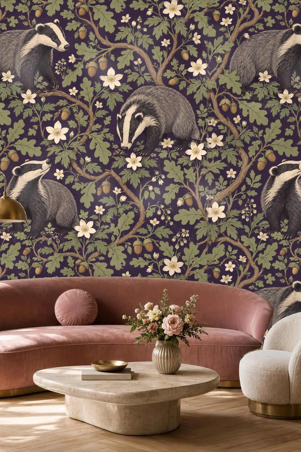Pattern repeat detail showing interwoven oak branches and floral elements