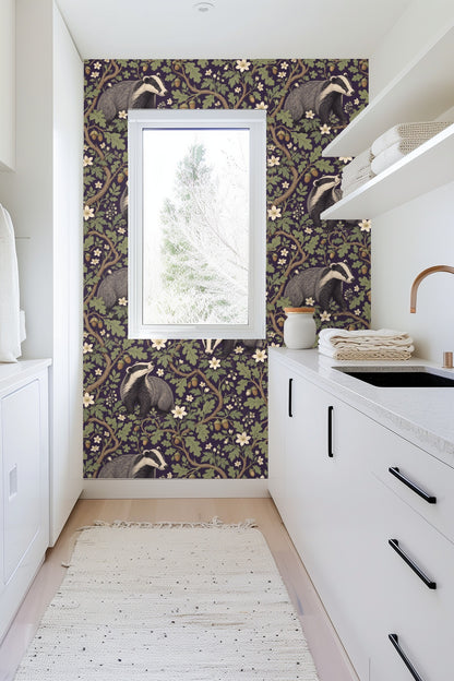 Close-up view of a badger motif in the wallpaper showing detailed fur texture