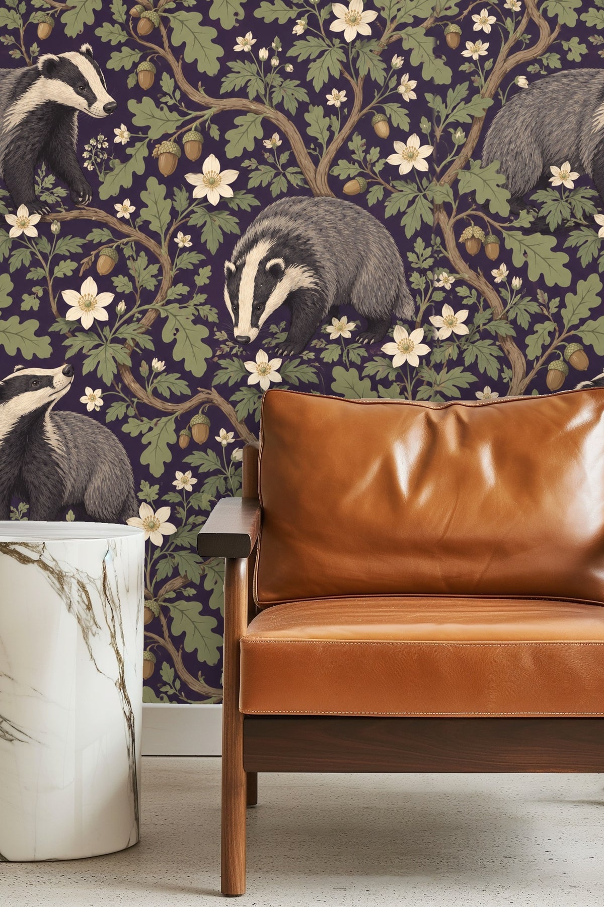 Illustrated wallpaper pattern featuring three badgers among oak leaves, acorns, and white flowers on a deep purple background
