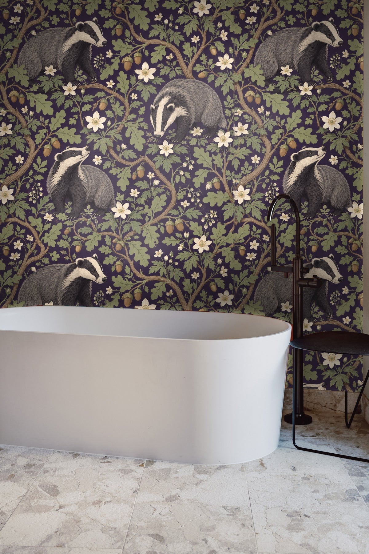 White flowers interspersed among oak leaves and acorns on purple wallpaper background