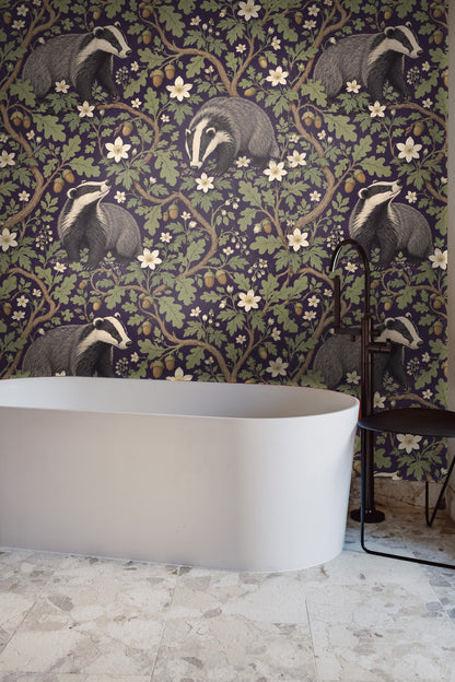 White flowers interspersed among oak leaves and acorns on purple wallpaper background
