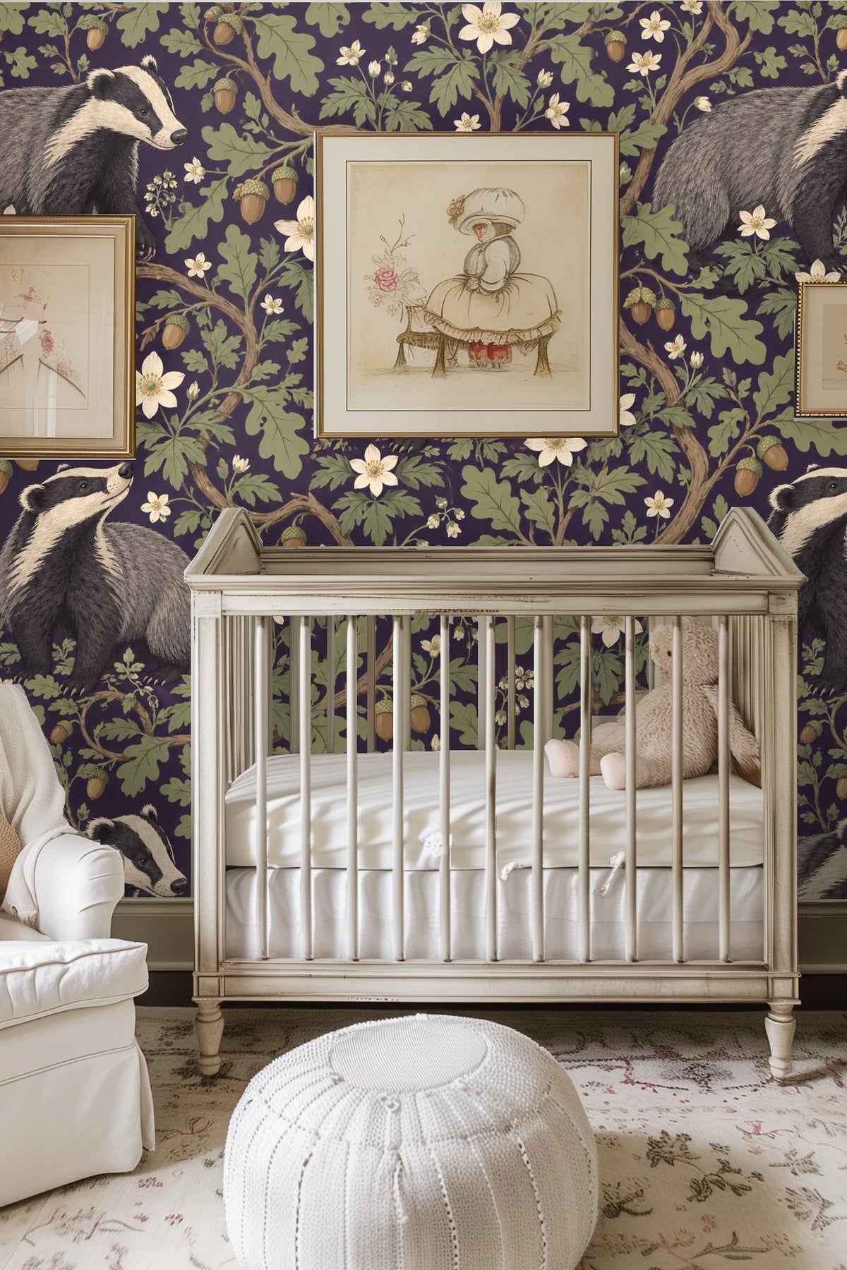Bedroom featuring a cream upholstered headboard with Twilight Badger Grove wallpaper behind it