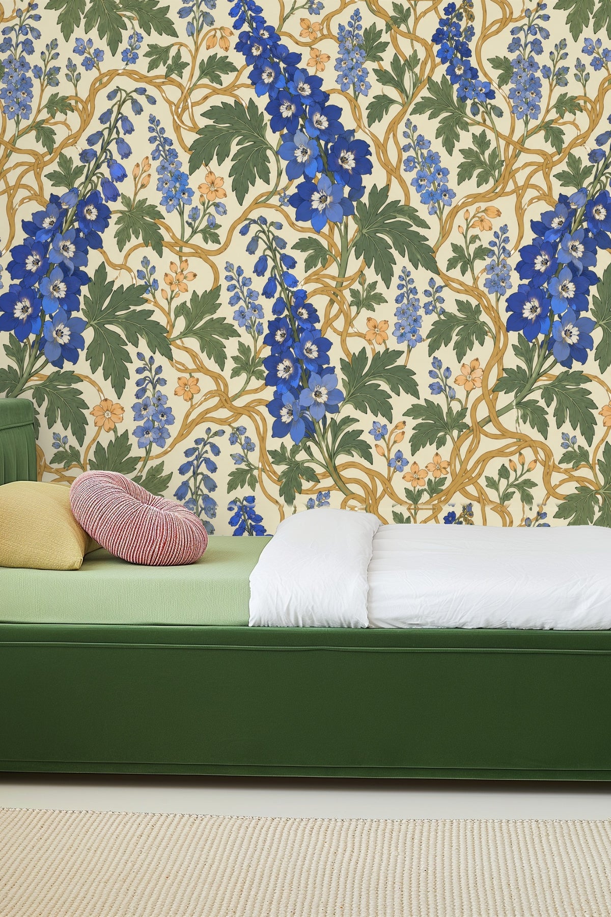 Original wallpaper artwork featuring blue delphinium flowers with green leaves and golden twisting vines on a cream background