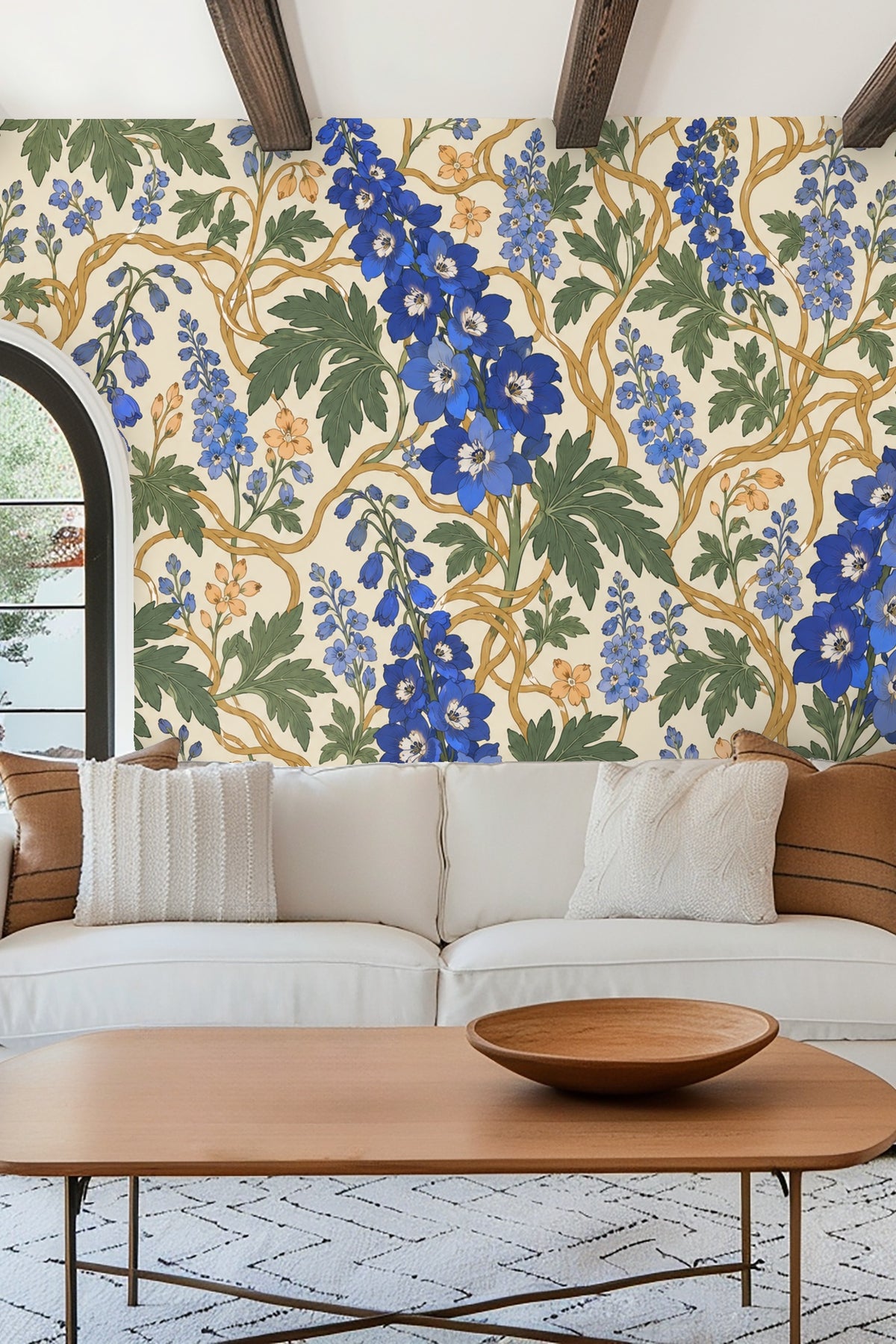Pattern repeat showing dense botanical arrangement of flowers and leaves