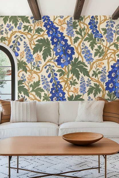 Pattern repeat showing dense botanical arrangement of flowers and leaves