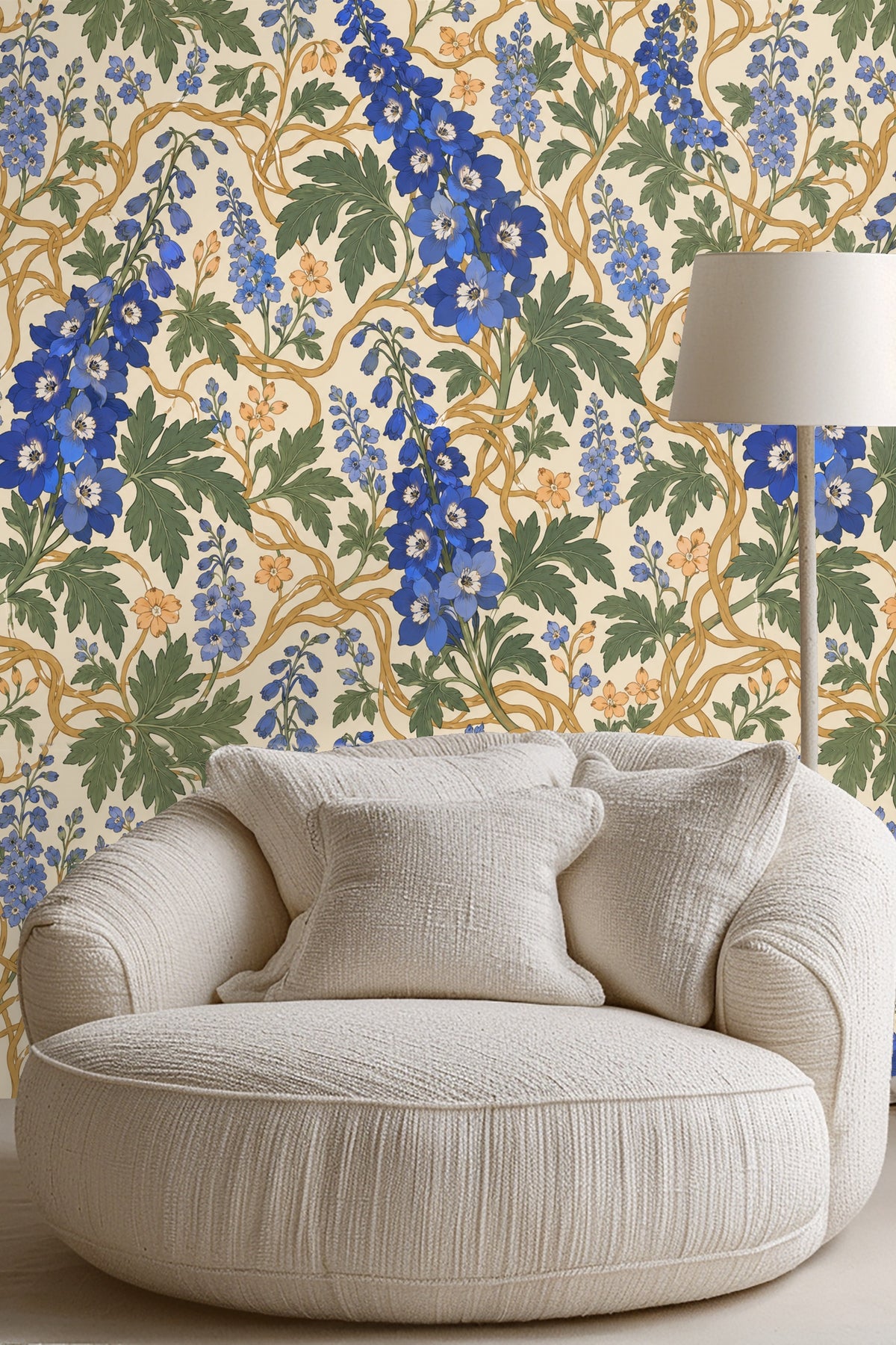 Interlaced golden vines curling across wallpaper surface