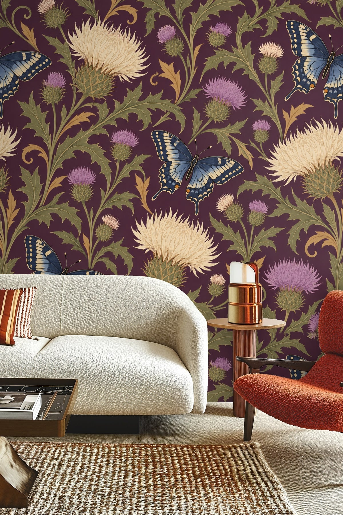 Decorative wallpaper pattern with artful botanical and butterfly imagery
