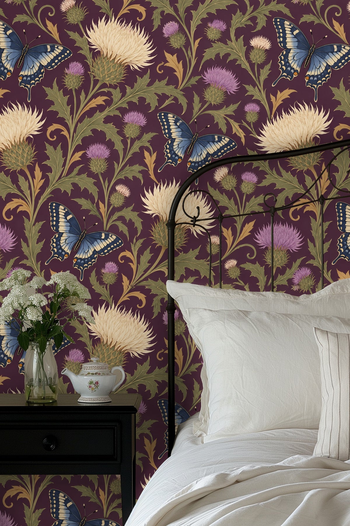 Butterfly wings spread wide showing intricate pattern detail on wallpaper