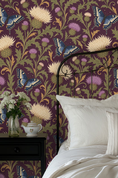 Butterfly wings spread wide showing intricate pattern detail on wallpaper